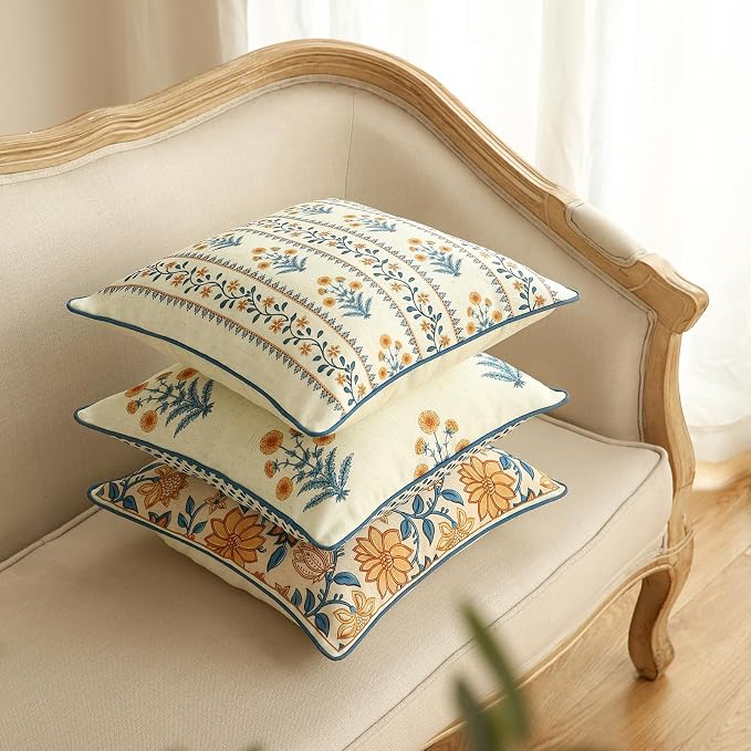 ISAENNE Designer Elegant Linen Throw Pillow Cover,Set of 4-Estevan Set | French Cottage Pillow Cover,Concealed Zipper,Floral Pattern,Sofas,Bedroom,Living Room,Lounge Chairs,All Season Home Decor