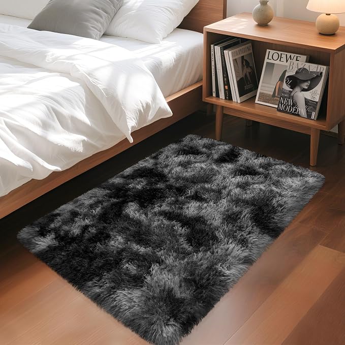 2x3 ft Shaggy Small Black Rug, Tie Dye Soft Fluffy Carpet Bedside Fuzzy Area Rug Non-Slip Bottom for Nursery Kids Bedroom Door Indoor Dog Mat Living Room Home Decor Aesthetic