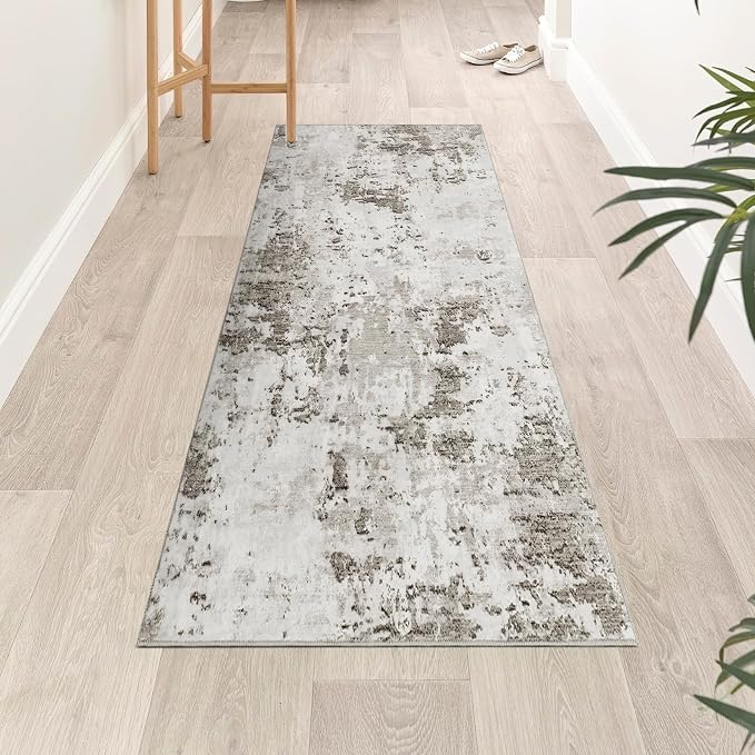 ROYHOME Modern Abstract Runner Rug 2x5 Washable Non Slip Stain Resistant Rug for Bedroom Living Room Non Shedding Low Pile Indoor Floor Cover,Taupe/Beige