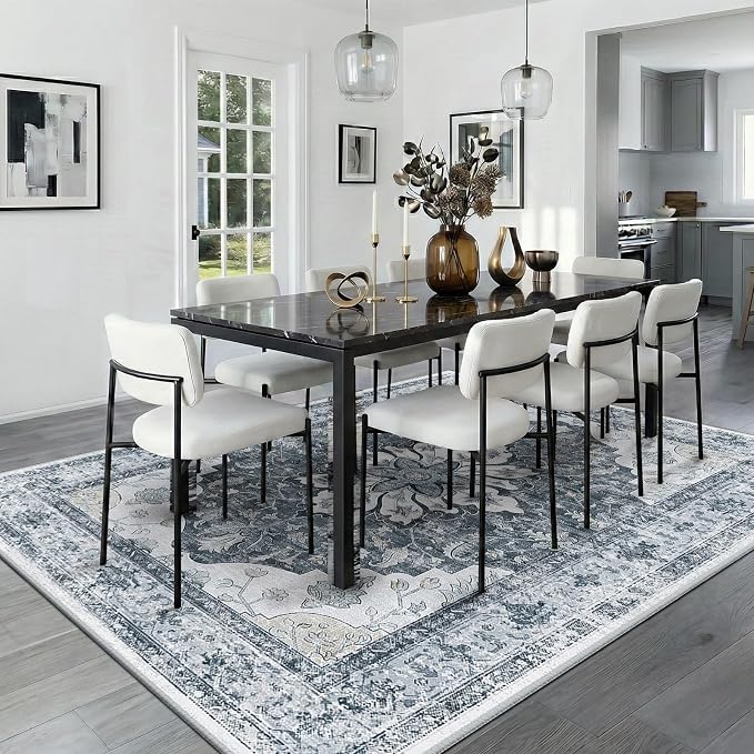 RELEANY Area Rugs 8'x10' Washable Non-Slip, Floral Vintage Distress Medallion Carpet for Living Room Bedroom Dining Room, Light Gray Grey White