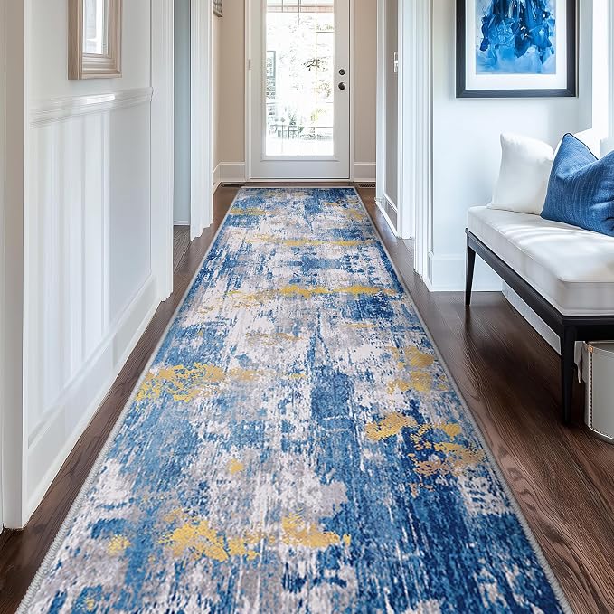 RELEANY Washable Area Rugs 2'x10' Non-Slip Modern Abstract Soft for Living Room Entryway Bedroom Kitchen, Print Pattern, Grey Blue Gold/Golden