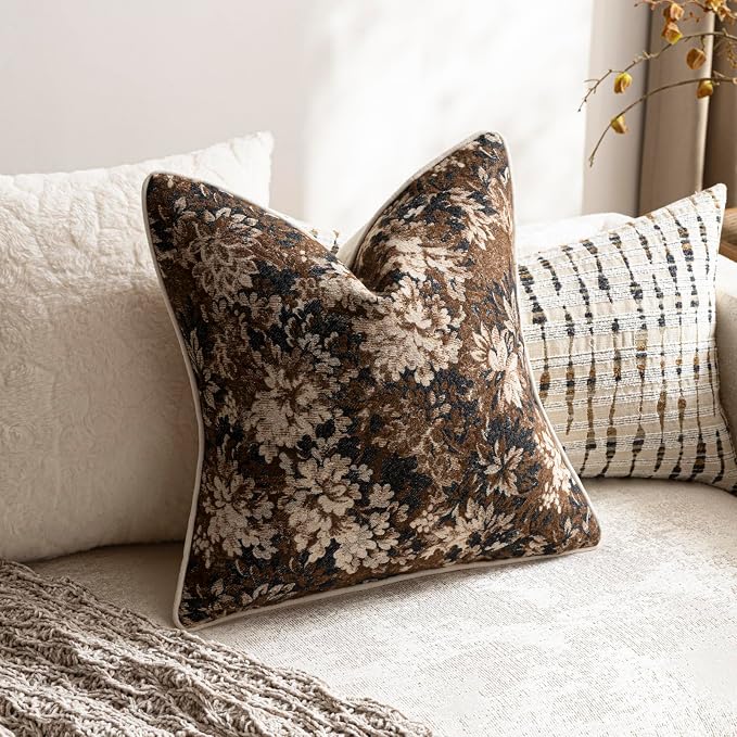 DEZENE Pack of 2 Vintage Floral Euro Sham Covers 24x24 Boho Farmhouse Accents Chenille Square Decorative Throw Pillow Cases for Living Room Couch Bed Home Decor, Dark Brown
