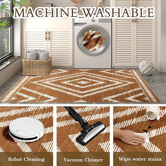 Boho Washable Rugs 5x7ft Non Slip, Low Pile Area Rug for Living Room, Brown Moroccan Bedroom Carpets, Non Shedding Soft Floor Carpet for Dining Room Bathroom Nursery Kitchen Office