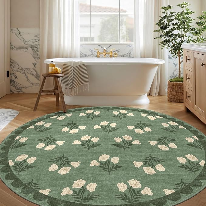 Sage Green Round Nursery Rug 5ft - Soft Washable Boho Floral French Country Scalloped Round Rug for Bedroom Non Slip 5x5 Stain Resistant Circle Area Rugs for Living Room Dining Room Playroom