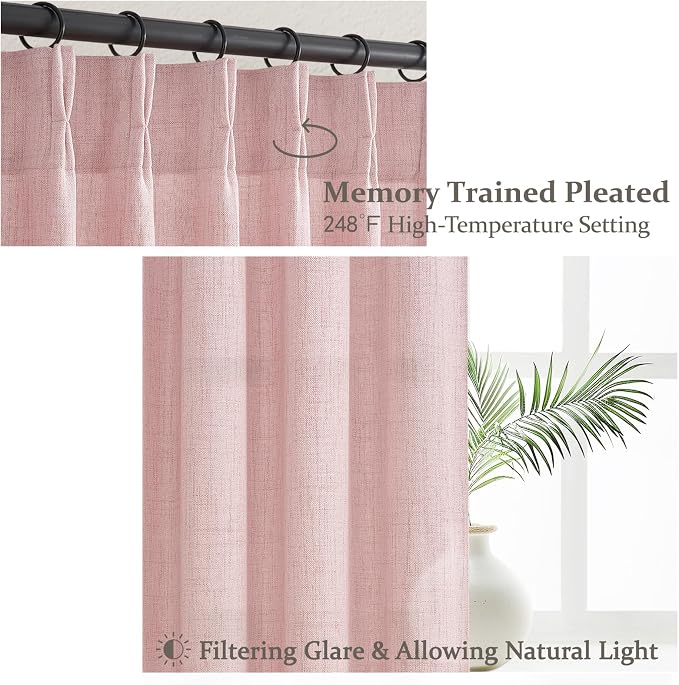 Pretty Light Pink Semi Sheer Curtains 96 Inches Long for Living Room 2 Panels Set, Memory Shaped Pinch Pleated 8 FT Faux Linen Light-Filtering Nursery Curtain Back Tab Elegent Window Drapes W40 x L96