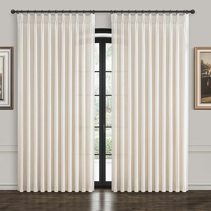 Birch Pinch Pleated Light Filtering 60 Inch Wide Bedroom Curtains 108 Inches Extra Long, Memory Trained Thick Natural Linen Privacy Semi Sheer Curtain Farmhouse 9 FT Length Windows Drapes 2 Panels Set