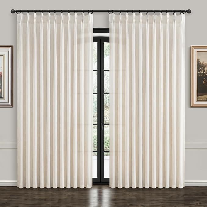 Extra Wide 100 Inch Ivory Beige Light Filtering Living Room Curtains 108 Inches Long, Memory Trained Pleated Natural Linen Blend Privacy Semi Sheer Farmhouse Windows Drapes Large Curtain 2 Panels Set