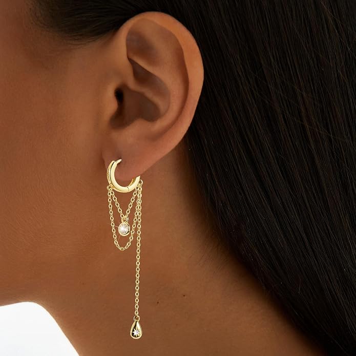 CZ Chain Hoop Dangle Earrings for Women S925 Sterling Silver Cubic Zirconia Dangling Earrings Chain Tassel Drop Earring Hoop Earring Huggies Fashion Wedding Jewelry Gifts