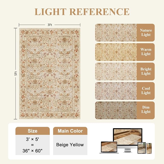 DUKINO 3x5 Rug, Washable Vintage Floral Bedroom Area Rug Non Slip, Beige | Low Pile, Non-Shedding, Aesthetic Lightweight Soft Indoor Small Carpet for Bathroom Entryway Living Room Office Farmhouse