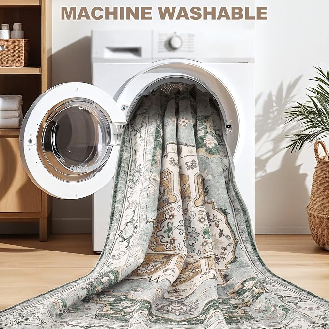 9x12 Washable Area Rug: Vintage Neutral Soft Non Slip Thin Large Floor Carpet for Living Room Bedroom Kitchen Dining Room Home Office Farmhouse Indoor - Green