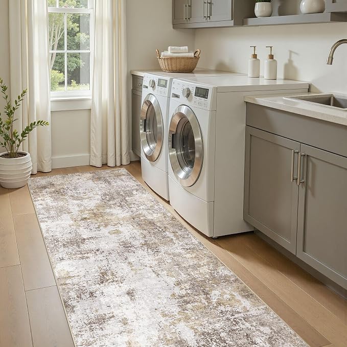 Washable Runner Rug 3x8, Non Slip Neutral Area Rug for Hallway | Modern Abstract Carpet, Stain Resistant and Kid & Pet Friendly, Made for Kitchen, Bedroom, Laundry, Kitchen - Gold Brown