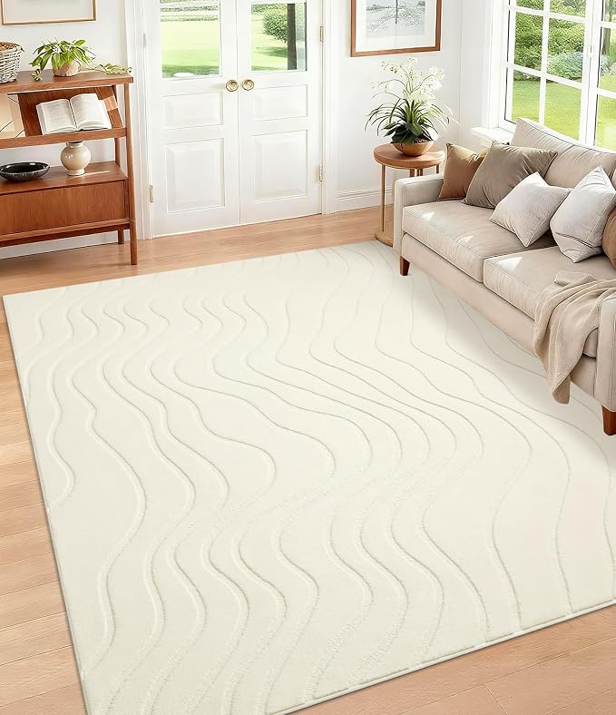 YIHOUSE 5x7 Abstract Wave Striped Area Rug, Modern Washable High-Low Pile Rug, Soft Textured Carpet for Living Room, Bedroom,Dining Room, Beige Ivory White
