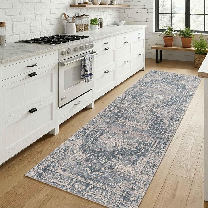 Rugxara 2x6 Washable Runner Rug for Hallway Kitchen Entryway, Blue | Non Slip, Runner Rug for Bedroom Laundry Room Bathroom, Stain Resistant, Soft, Low Pile, Vintage Boho Retro Carpet