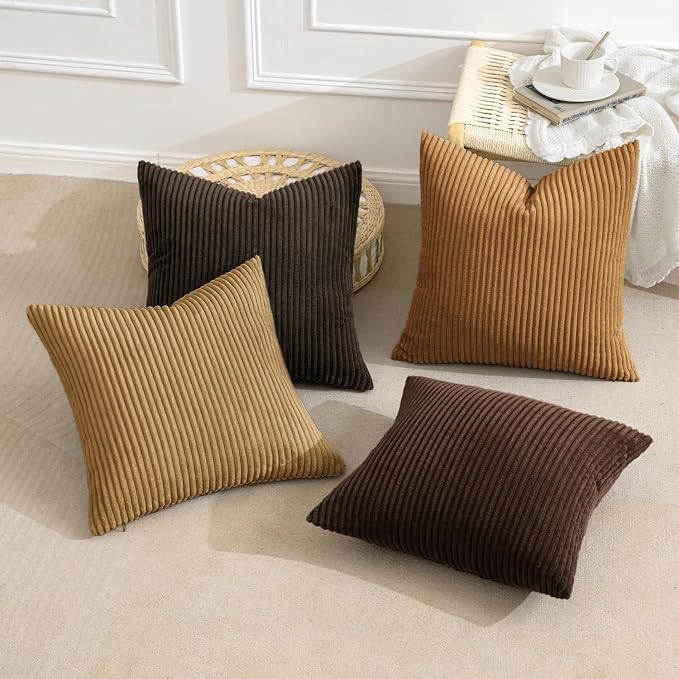 MIULEE Boho Farmhouse Throw Pillow Covers 20x20 Inch Set of 4 Rustic Mordern Neutral Cushion Covers Soft Corduroy Nordic Fall Home Decor for Couch Bed Sofa Living Room Camel Brown