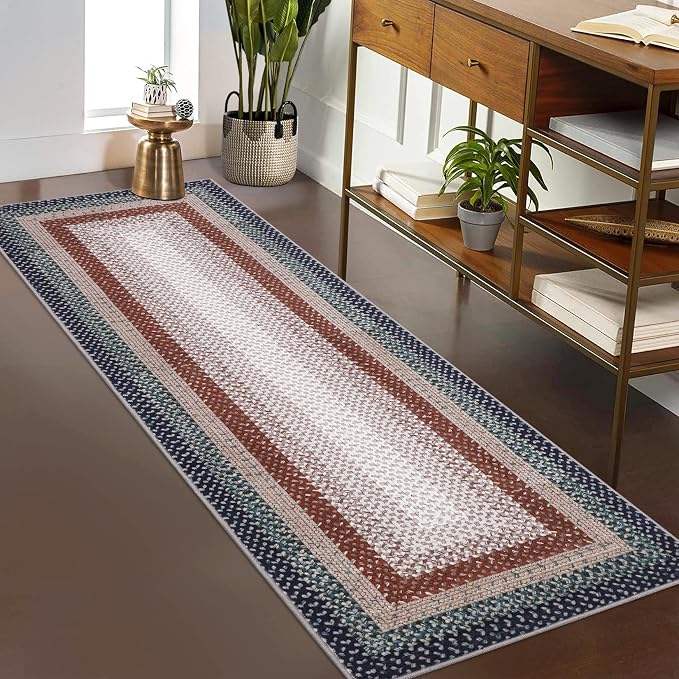 RUGSREAL Hallway Runner Rugs 2x6 Braided Rug Machine Washable Kitchen Rug Farmhouse Runner Carpet Non Slip Stain Resistant Rustic Runner Modern Printed Rug for Living Room Bedroom, Olive/Brown