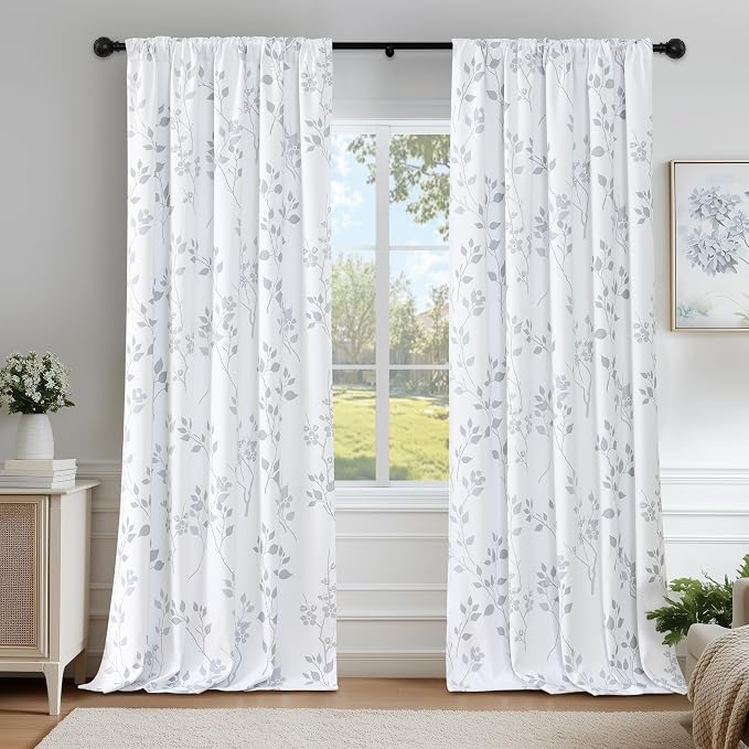 Beauoop Floral 100% Blackout Curtains for Bedroom Grey White 52X90 2 Panels | Flower Patterned Room Darkening Drapes for Living Room 90 Inch Long Thermal Insulated Soundproof Window treatment Rod Pocket