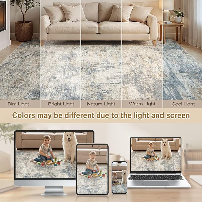 cotiled 5x7 Area Rugs Abstract Soft Non Slip Washable Living Room Rug | Stain Resistant, Robot Vacuum & Pet Friendly, Low-pile, For Living Room, Bedroom, Dining Table, Nursery Light Blue