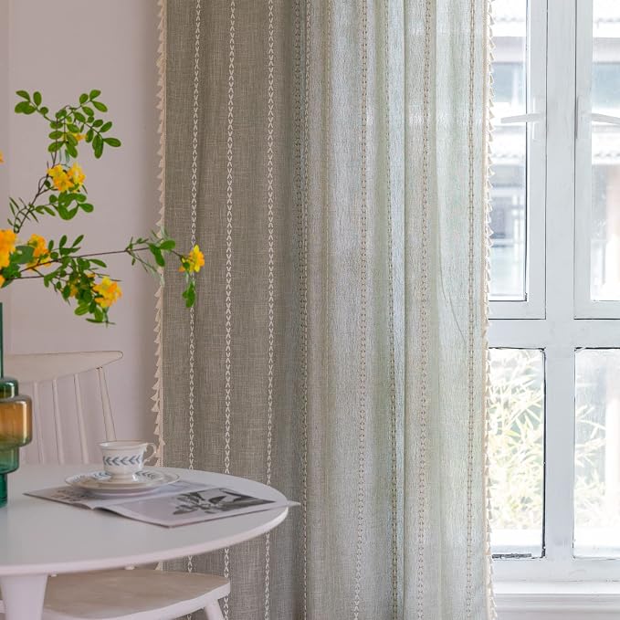 Boho Embroidery Striped Country Farmhouse Curtains - Sage Green Linen - 63 Inch Length, 2 Panels - Light Filtering - Living Room (52" W x 63" L)