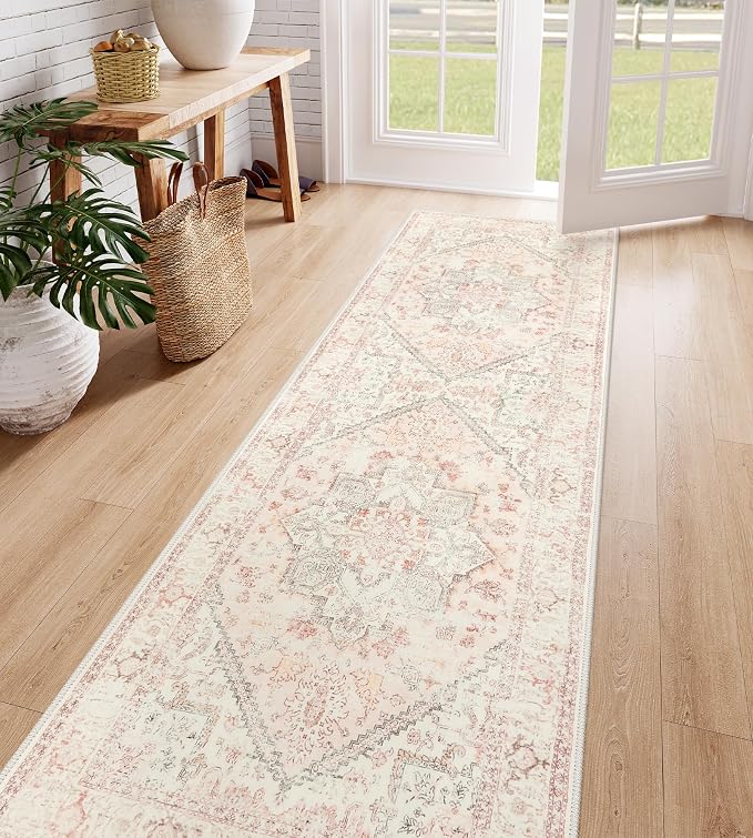 LIVEBOX Washable Oriental Runner Rug 2.5x8 - Long Vintage Tribal Pink for Kitchen Boho Non-Slip Hallway, Low-Pile Accent Throw Area Rug for Laundry Room