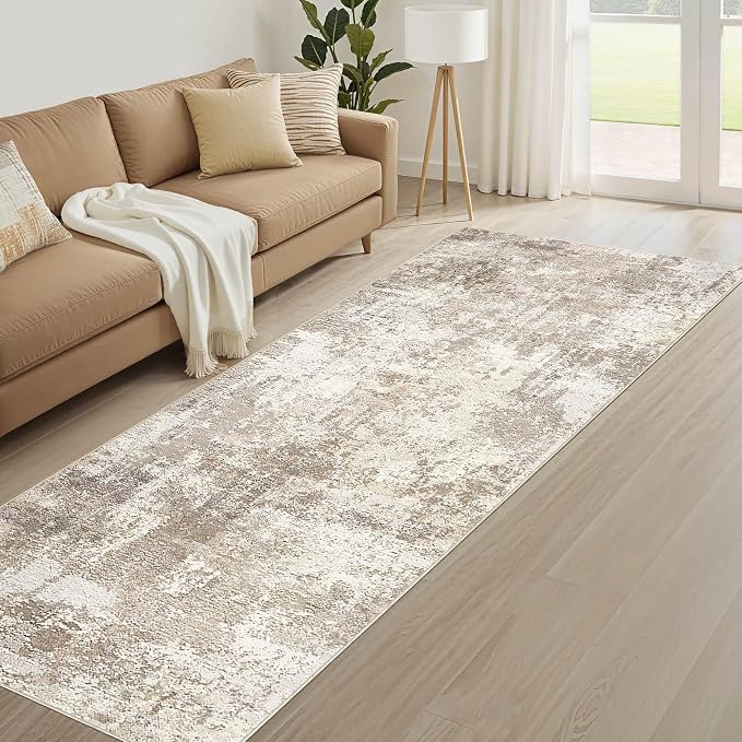 Runner Rug Kitchen Washable Rugs: 2x10 Non-Slip Abstract Soft Modern Stain Resistant Indoor Floor Neutral Accent Throw Carpet for Hallway Bathroom Laundry Room Entryway Bedroom- Beige Brown