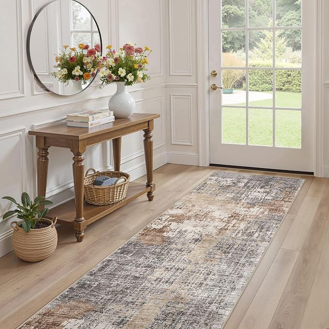 DMOYEST Washable Runner Rug for Hallway: 2.6x12 Neutral Modern Abstract Low Pile Area Rug with Non-Slip Backing - Carpet for Bedroom Kitchen Laundry Entryway Bathroom Indoor - Grey Brown