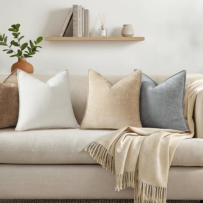 decorUhome Chenille Beige Velvet Throw Pillow Covers 16x16 Set of 2 | Fall Soft Couch Decorative Modern Farmhouse Pillow Cases with Elegant Design for Sofa Bed Living Room Home Decor