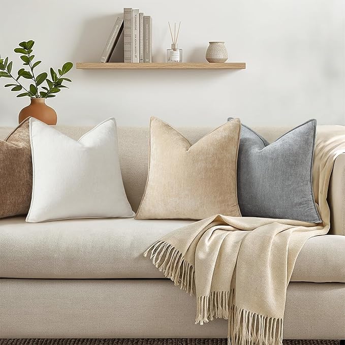 decorUhome Chenille Beige Velvet Throw Pillow Covers 22x22 Set of 2 | Fall Soft Euro Sham Couch Decorative Modern Farmhouse Pillow Cases with Elegant Design for Sofa Bed Living Room Home Decor