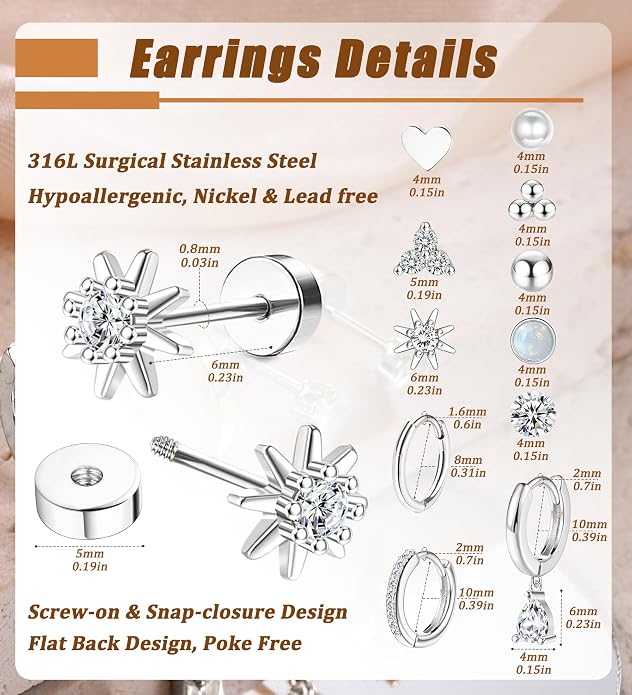 MJust 18 Pairs Women‘s Hypoallergenic Flat Back Stud Earrings, 20g Stainless Steel Earrings Sets for Men, Tiny Unisex Screw Back Cartilage Earrings.