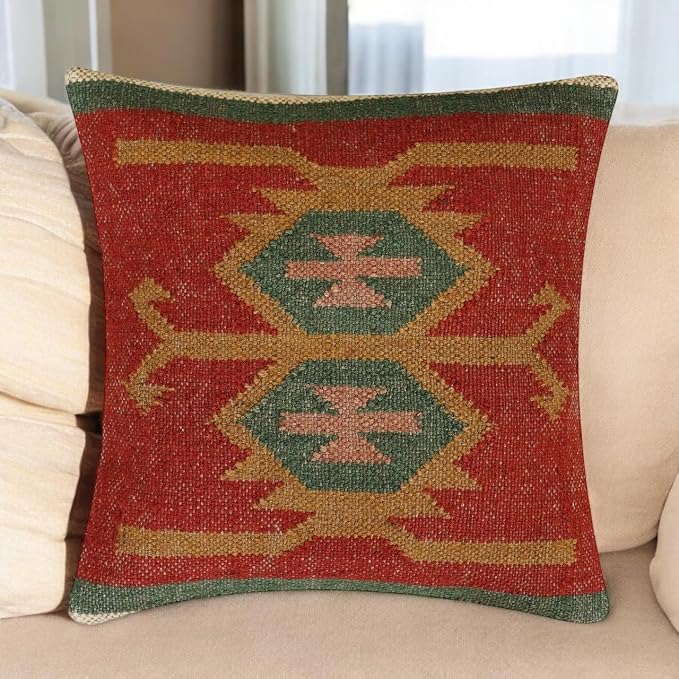 Kilim Pillow Cover Set of 4, 18 x 18 inches Wool Jute Cushion Cover, Handwoven Boho Vintage Decorative Throw Pilllow Case for Living Room & Bedrooms (D4-Set of-4)