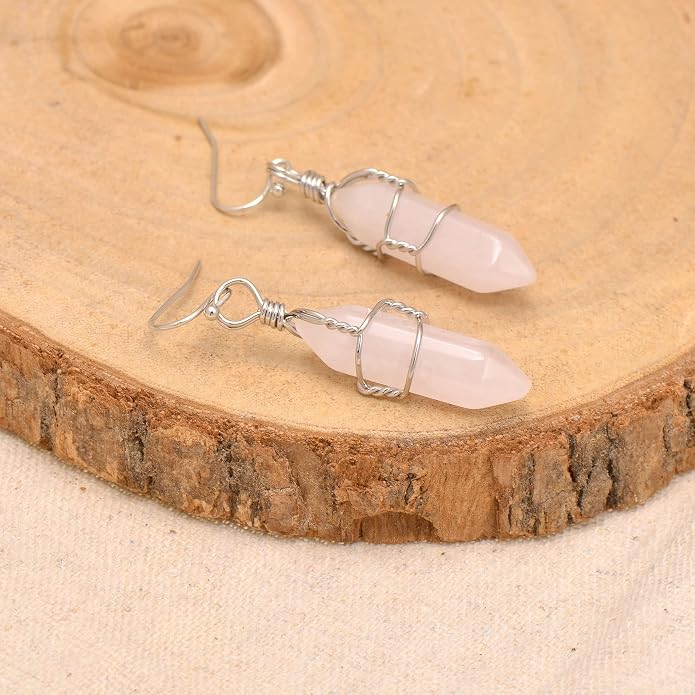 Polished Stone Wire Wrapped Point Crystal Earrings for Women Reiki Energy Healing