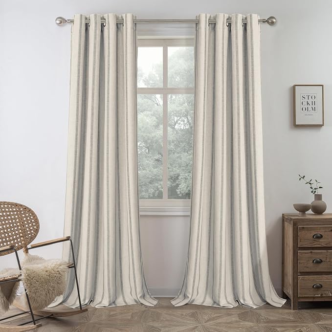DriftAway Farmhouse Linen Stripe Blackout Curtains, W52xL84, Gray | Blackout, Linen Texture, Stripe Pattern, Grommet, Two Layers, Bedroom Living Room Use, Sound Reducing Design