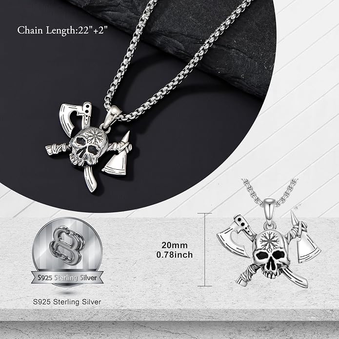 PROESS Viking Axe/Sword/Skull Necklace S925 Sterling Silver Thors Hammer Necklace Amulet Dagger Pendant Norse Viking Rune Jewelry Gifts for Men Women
