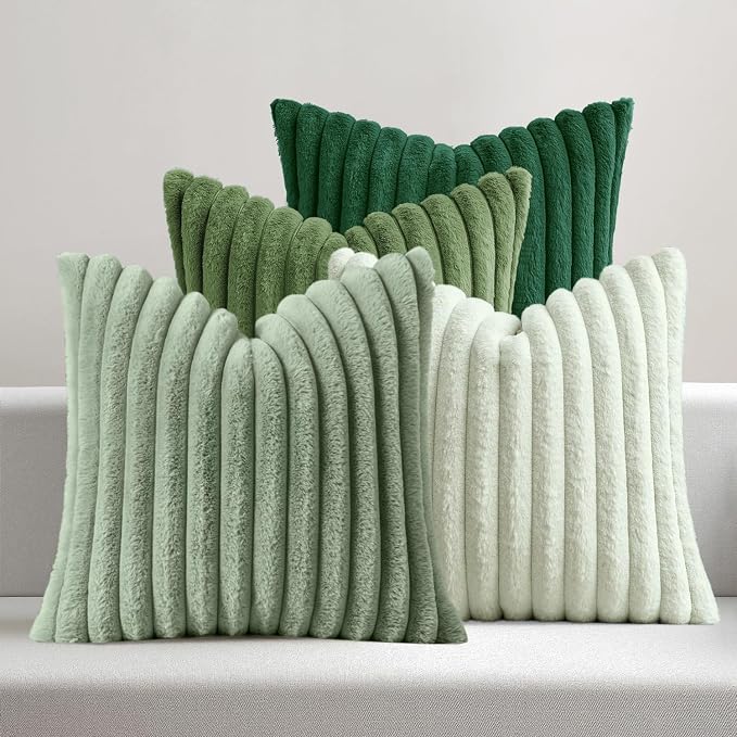 MIULEE Faux Fur Plush Decorative Throw Pillow Covers 20x20 Set of 4, Spring Modern Soft Fuzzy Striped Cushion Covers for Sofa Couch Bed Living Room Cozy Home Decor,Green