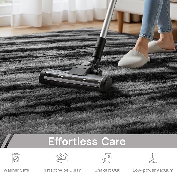 Deerhoo Large Shag Area Rugs 9 x 12, Tie-Dyed Plush Fuzzy Rugs for Living Room, Ultra Soft Fluffy Furry Rugs for Bedroom, Anti-Skid Indoor Carpet Nursery Rugs for Kids Room Home Decor, Black Grey