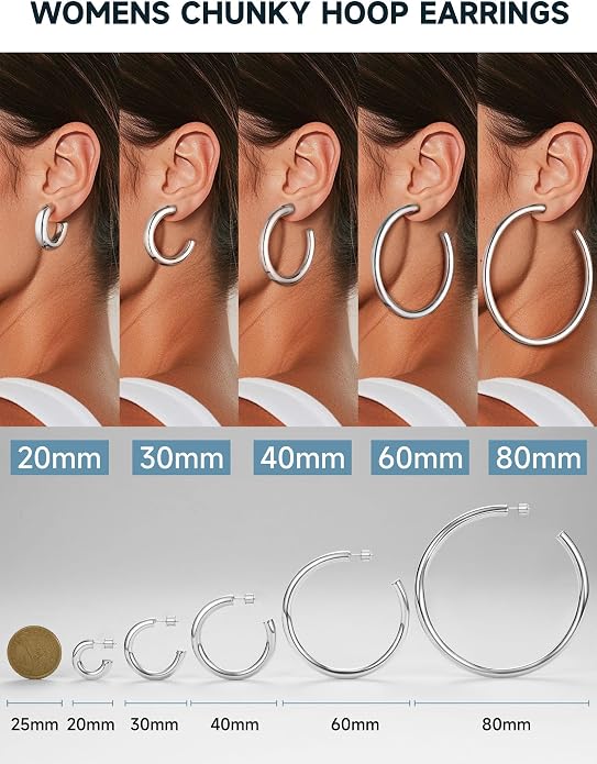 Stainless Steel Chunky Hoop Earrings For Women, Minimalist and Chic, Black/Gold Plated, Round Hoops Earrings Hypoallergenic, Size: 30mm/40mm/60mm/80mm, Come with Box