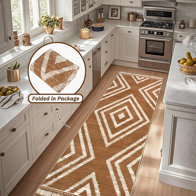 Boho Runner Rugs for Hallway 2.6x8Ft Non Slip, Brown Washable Kitchen Rug with Rubber Backing, Soft Moroccan Farmhouse Entryway Runner, Low Pile Geometric Floor Carpet for Bedroom Home Decor