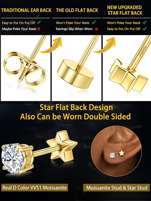 Moissanite Earrings Studs - 925 Sterling Silver Earrings for Women Men 14K Gold Plated Double Sided Star Flat Back Stud Earring Hypoallergenic Small Cartilage Helix Piercing Jewelry D Color VVS1