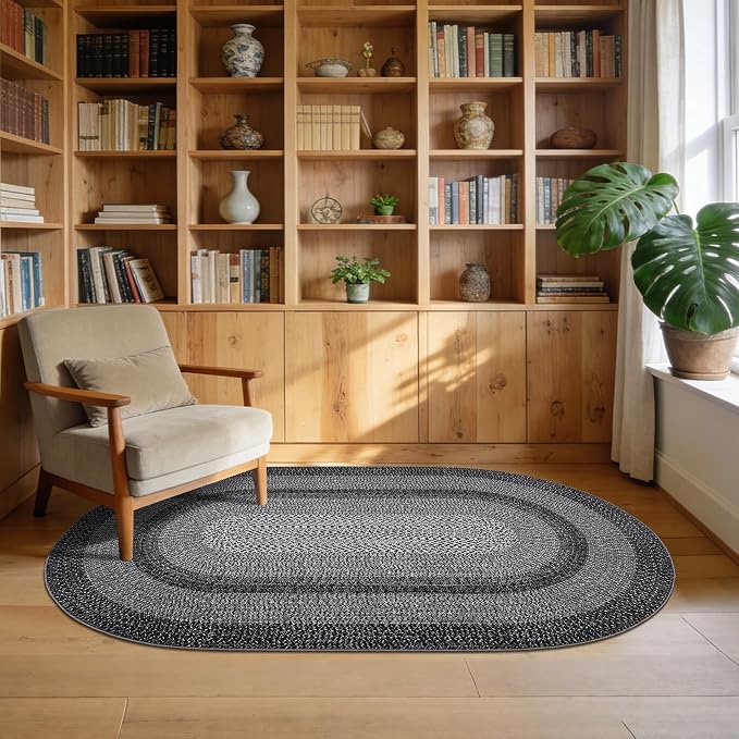 5x8 Oval Living Room Area Rug Washable Modern Border Bedroom Bedside Area Rugs Non Slip Low Pile Dining Room Oval Throw Carpet Contemporary Rugs for Living Room Kitchen Nursery, Black