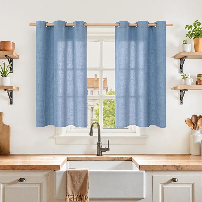 YoungsTex Light Blue Linen Curtains 40 Inches Long, Short Drapes with Bronze Grommet Privacy Light Filtering for Bathroom Kitchen Windows, 42 x 40 Inch, 2 Panels