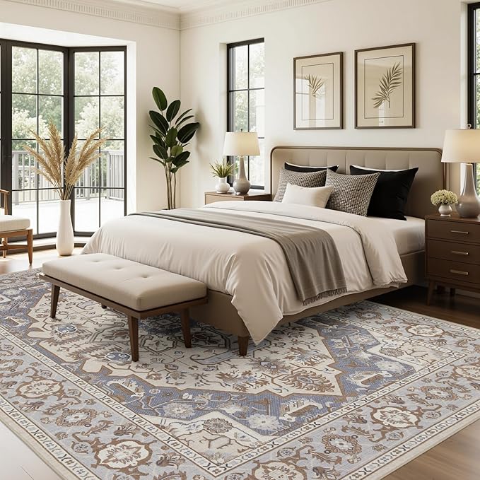 Joydeco 5x7 Area Rugs for Living Room, Non Slip Machine Washable Vintage Rug, Low Pile Chenille Print Rugs for Bedroom, Dining Room, Home Office, Pet & Child Friendly, Beige & Blue & Reddish-Brown