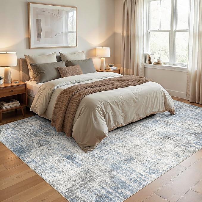 Washable 8x10 Area Rug for Living Room - Modern Abstract Carpet with Non-Slip Backing, Low Pile & Soft, Stain Resistant, Kid & Pet Friendly Decor for Bedroom & Dining Room - Blue Grey