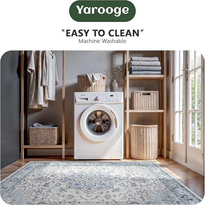 6x9 Area Rugs - Washable Rug Vintage Distress Boho Medallion Rugs for Living Room, Soft Non-Slip Backing Low Pile Carpet for Bedroom Dining Room Office Nursery Dorm Home, Blue Grey Purple