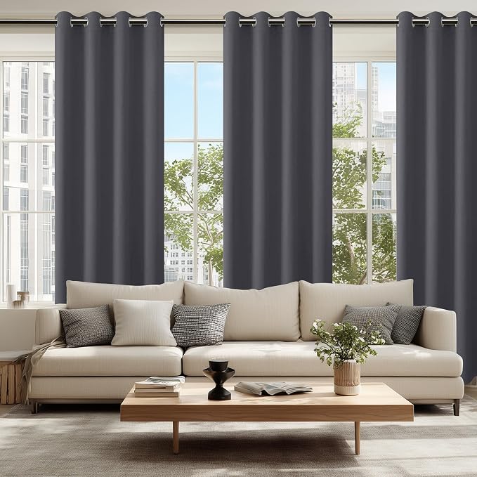 Hiasan Blackout Curtains for Bedroom, 52 x 84 Inches Long - Thermal Insulated & Light Blocking Window Curtains for Living Room, 2 Drape Panels Sewn with Tiebacks, Dark Grey