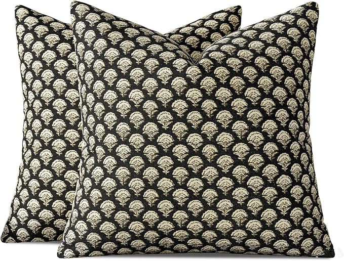 MIULEE Set of 2 Decorative Floral Throw Pillow Covers Neutral Vintage Fall Block Print Boho Farmhouse Cushion Covers for Modern Spring Home Decor Couch Sofa Bed Living Room, 20x20 Inch, Black Gold