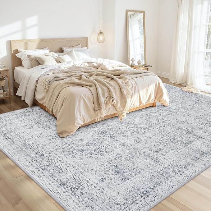 Area Rugs 9x12 Living Room: Vintage Boho Neutral Washable Rug Indoor Soft Large Area Rug Carpet for Bedroom Nursery Farmhouse Dining Room Office Floor Non-Slip Low Pile Under Table Rug Gray