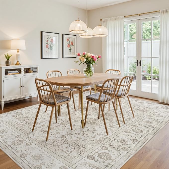 8x10 Area Rugs for Living Room:Beige Washable Vintage Medallion Carpet Non-Slip Soft Low Pile Large Rugs Indoor Retro Rug for Bedroom Nursery Dining Table Office Home(Beige White 8'x10')