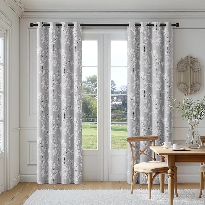 FMFUNCTEX 100% Blackout Grey Floral Curtains 84 Inch Long Grommet 2 Panels | Black Out Drapes, Thermal Insulated Cottage Farmhouse, Blossom Flower Patterned Curtain for Bedroom, Living Room Darkening