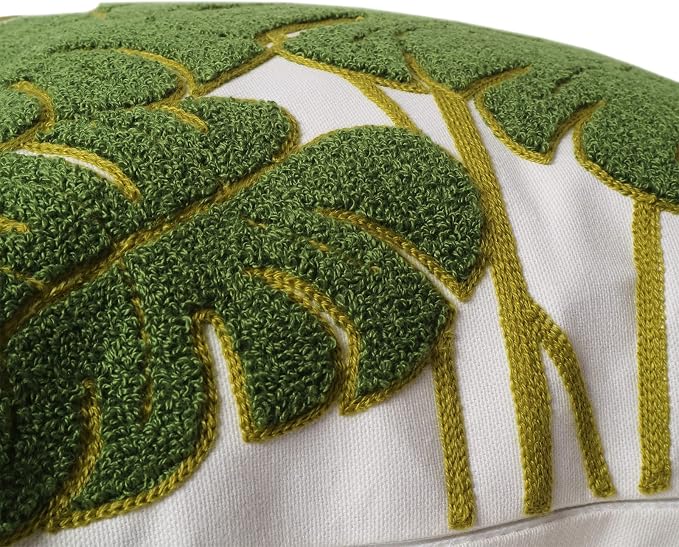 Embroidery Throw Pillow Cover 18x18 Green 7 Tropical Monstera Leaves Loop Plant Floor Pillow Cover for Couch Gift 100% Cotton Decorative Cushion Cover Home Décor Pillow Case 45x45cm, 1 Piece