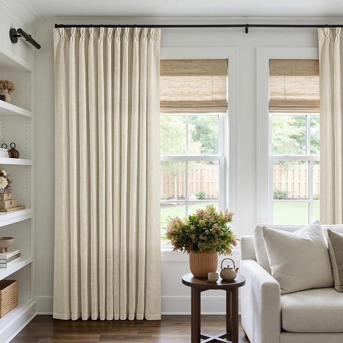 Pinch Pleat Extra Wide Beige Linen Curtain 102 Inches Long 70 Wide 1 Panel | for Patio Sliding Door Living Room, Pinch Pleat with Hooks Rings, Room Divider, Light Filtering Semi Sheer Privacy W70xL102
