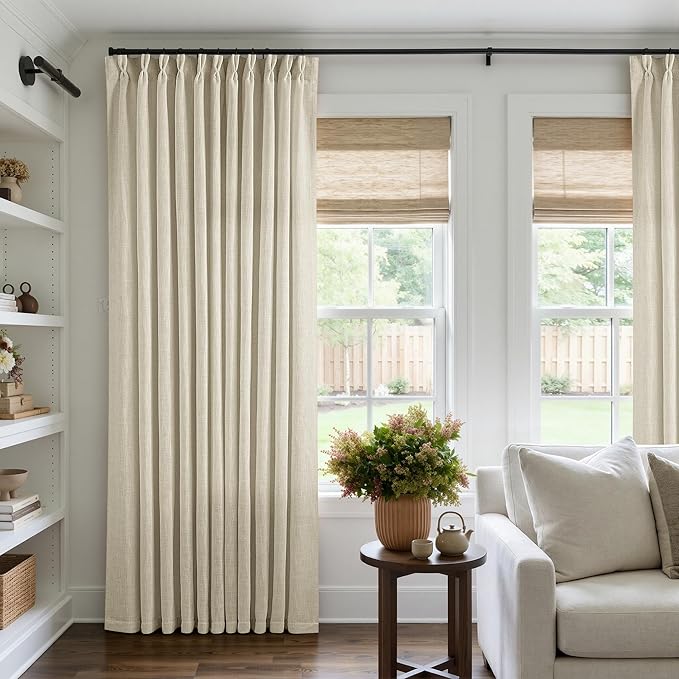 Pinch Pleat Extra Wide Beige Linen Curtain 120 Inches Long 70 Wide 1 Panel | for Patio Sliding Door Living Room, Pinch Pleat with Hooks Rings, Room Divider, Light Filtering Semi Sheer Privacy W70xL120